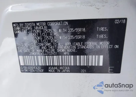 2018 Toyota Rav4 Limited z USA, uszkodzony, nr VIN JTMDFREV0JJ733931